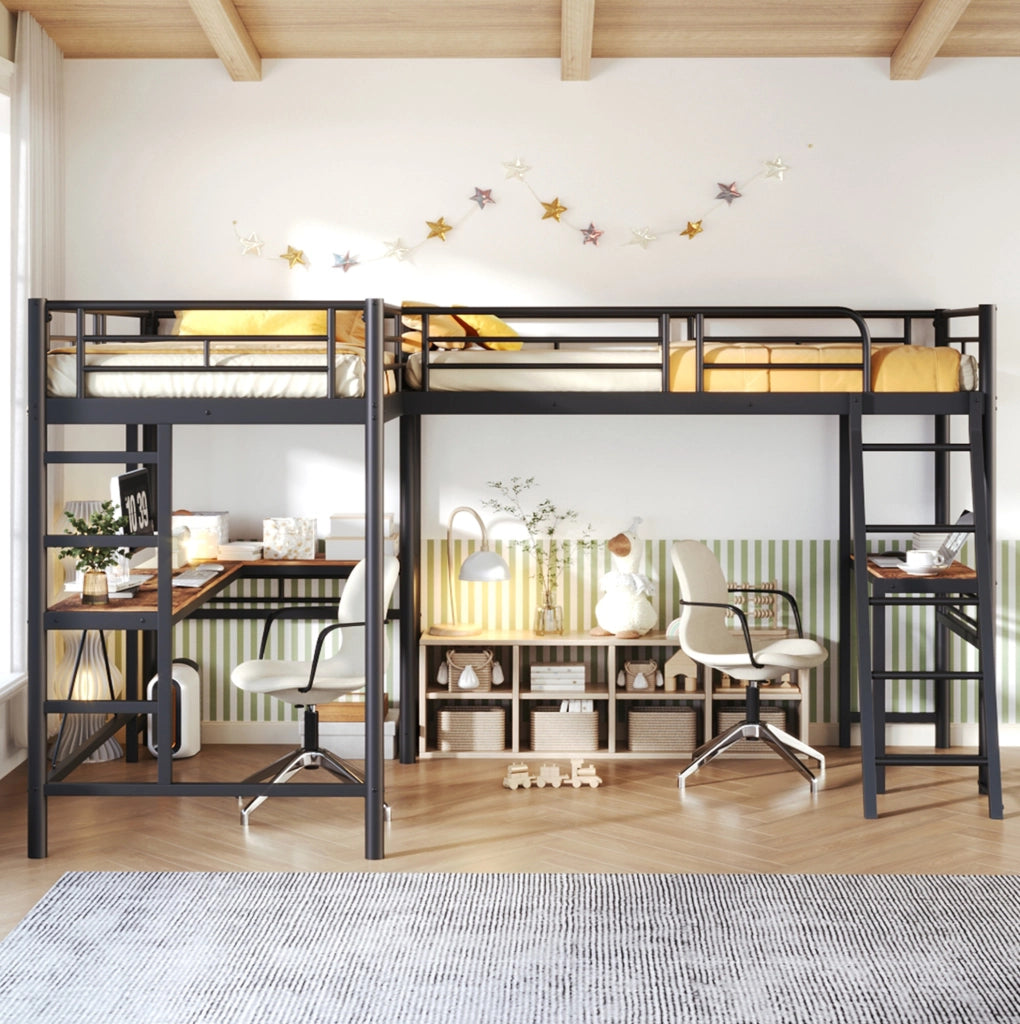 Letto a soppalco 90 x 200 cm con scrivania; scala doppia e parapetto alto; ferro e MDF; nero