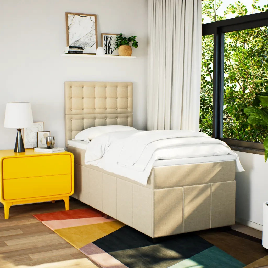 Letto singolo | Letto per adulti | Giroletto a Molle con Materasso Crema 100x200 cm in Tessuto