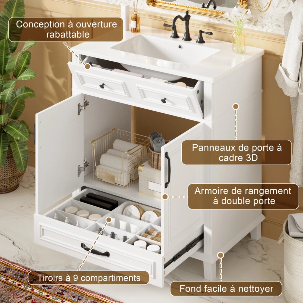 Mobile da bagno bianco, 77x46x86 cm con lavabo in ceramica integrato e 9 scomparti