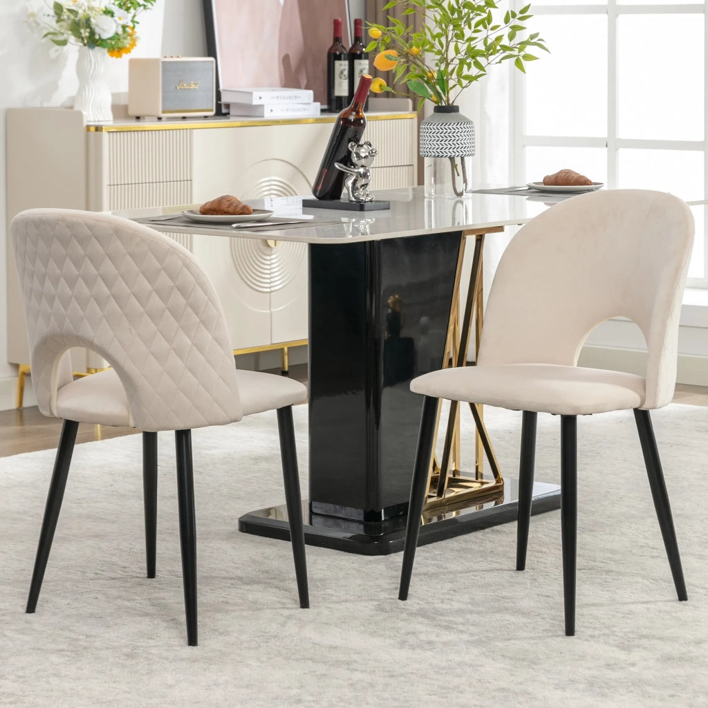 2 Sedie da Pranzo Imbottite, Design con Schienale in Velluto Beige a Motivo Diamante, Struttura in Metallo con Piedini Regolabili