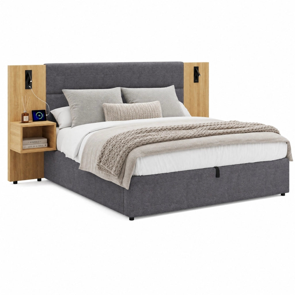 Letto contenitore 160x200 cm con USB, luce e 2 comodini