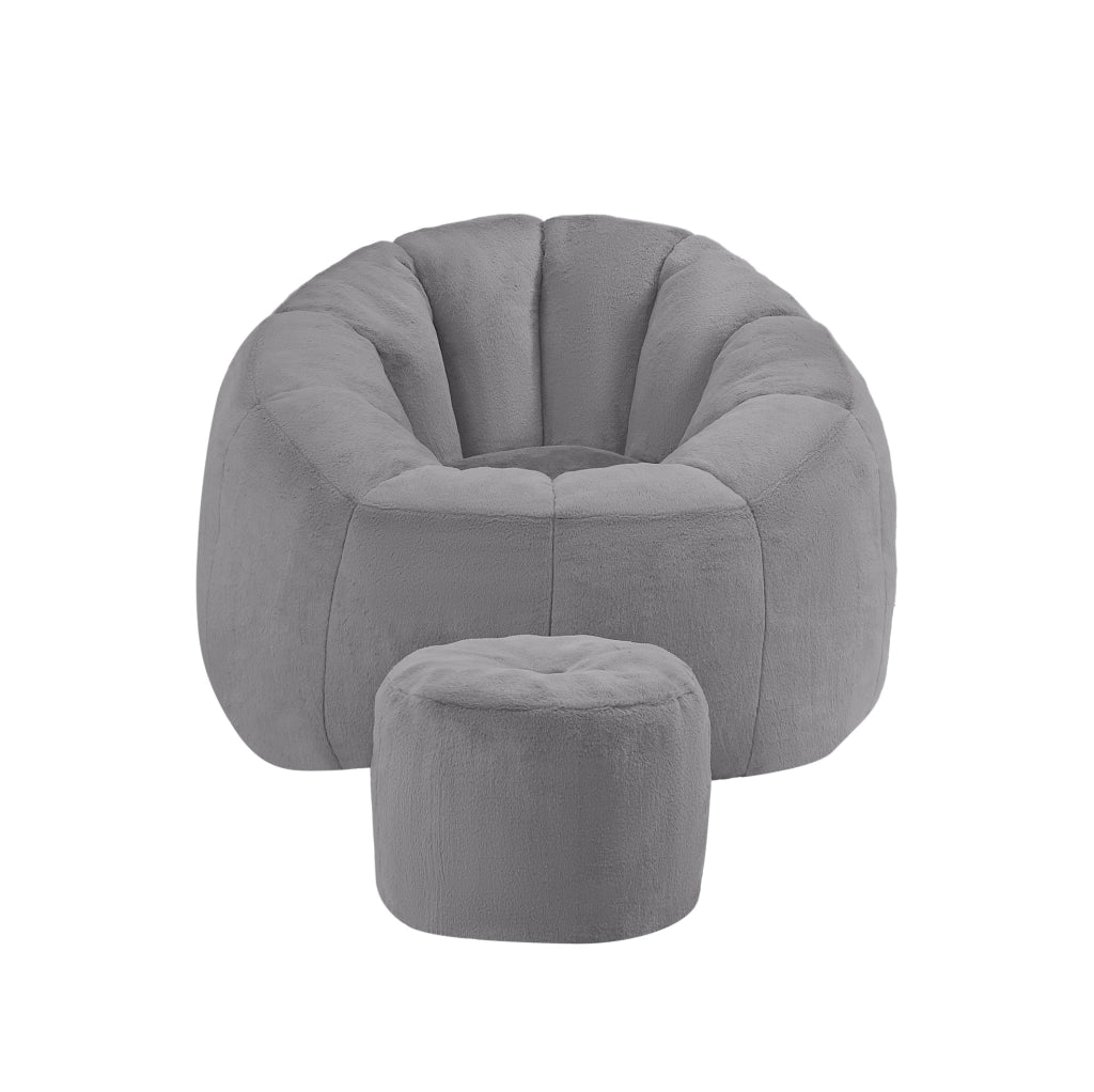 Poltrona sacco a fiore con poggiapiedi in peluche grigio HOMVRA