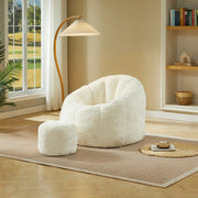 Poltrona a sacco ULEVR con poggiapiedi, design a fiore, rivestimento effetto pelliccia color bianco crema, 105x105x70 cm