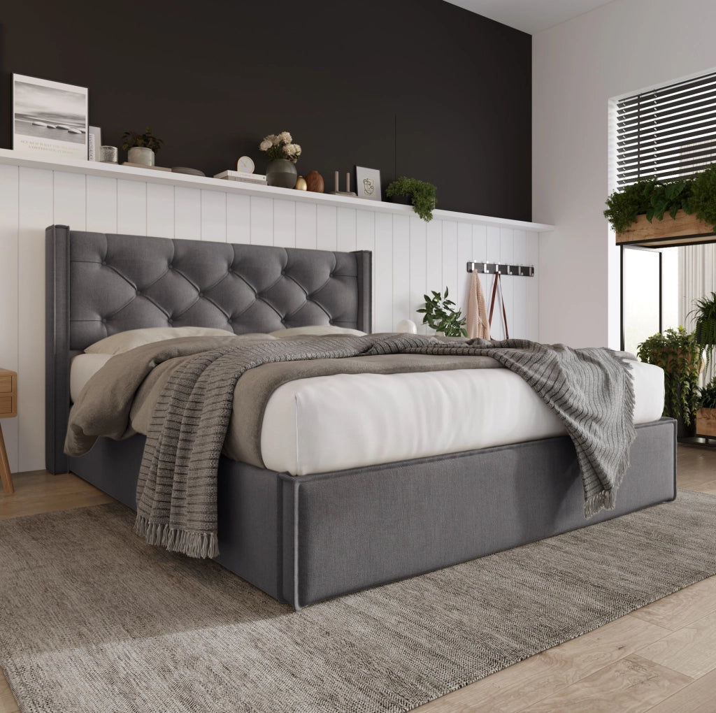 Letto imbottito 160x200 cm grigio con contenitore e rete sollevabile
