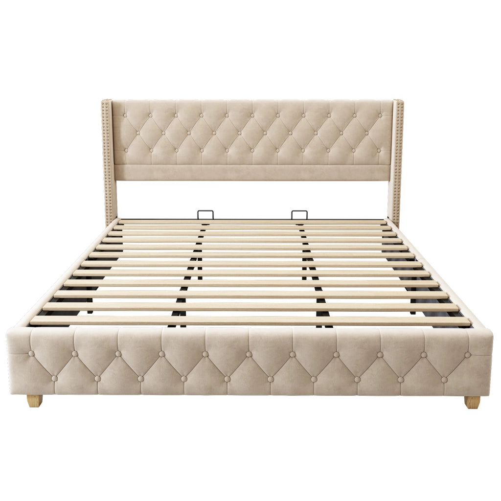 Letto matrimoniale imbottito 180 × 200 cm 2 posti con testiera capitonné; senza materasso; in velluto beige chiaro