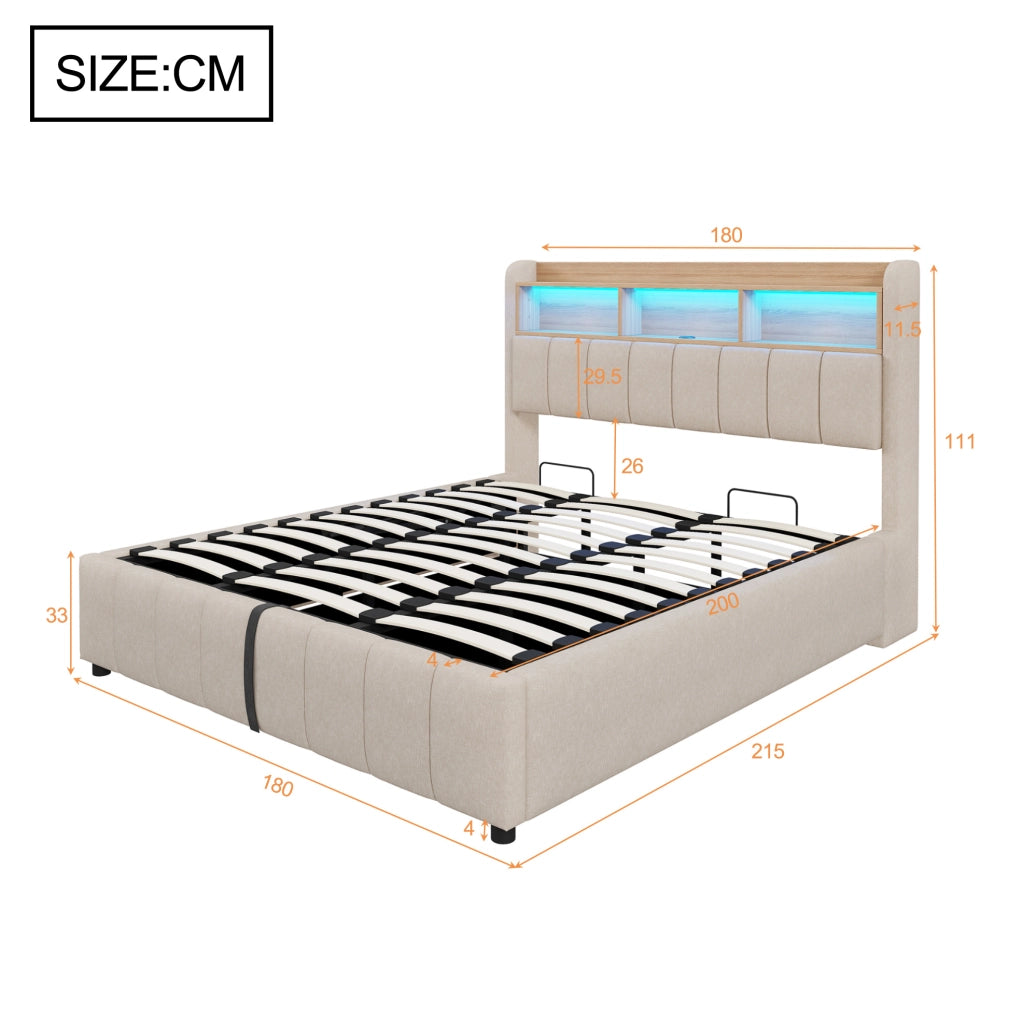 Letto imbottito 180x200 cm con LED e contenitore; lino; beige