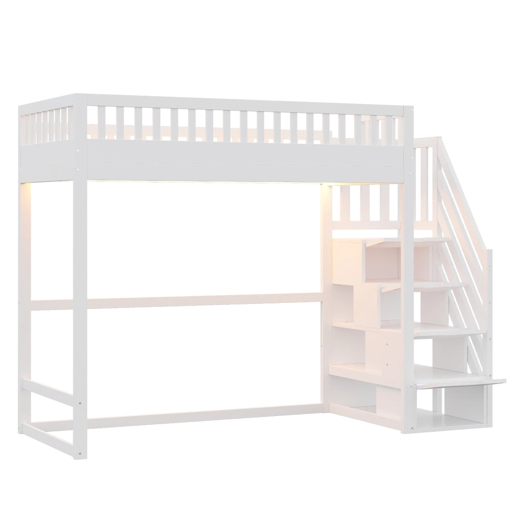 Letto a soppalco 90x200 cm con scala contenitore reversibile e LED bianco