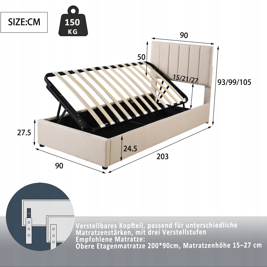 Letto imbottito 90x200 - Xylo - Beige con telaio sollevabile