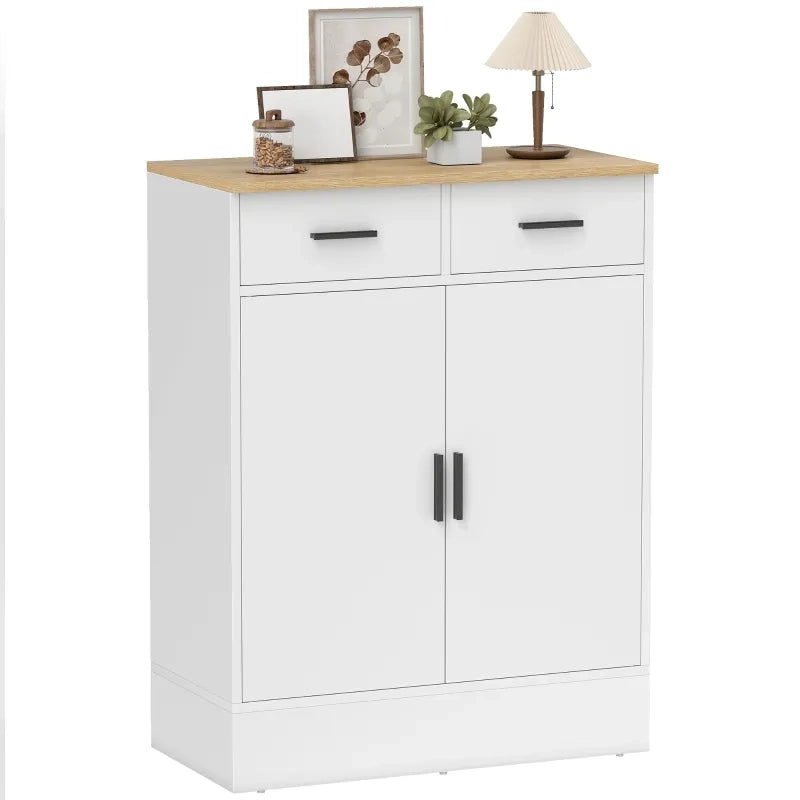 Sideboard in legno naturale bianco con 2 cassetti e ripiano regolabile, mobile contenitore per cucina, soggiorno e ingresso
