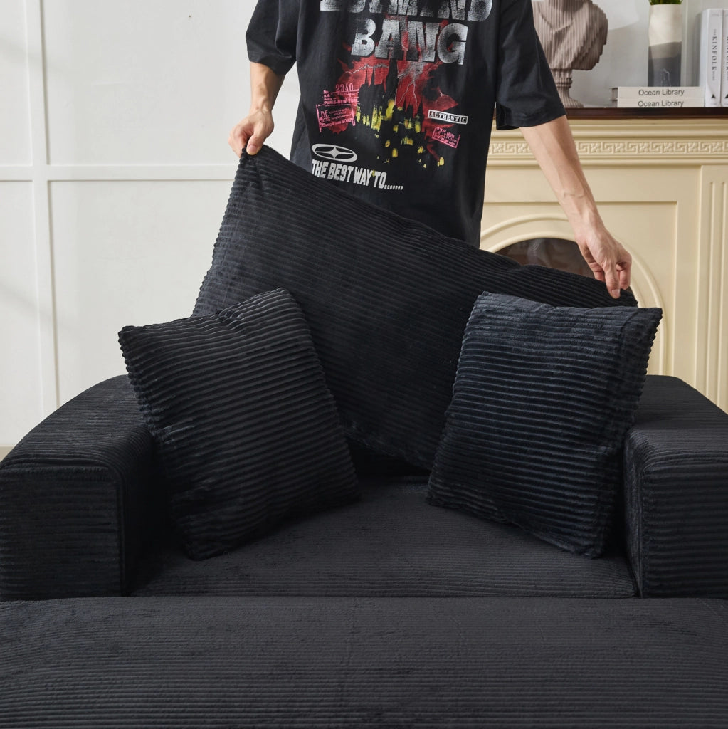Chaise longue con vano contenitore e poggiapiedi, divano lounge con 3 cuscini, colore nero