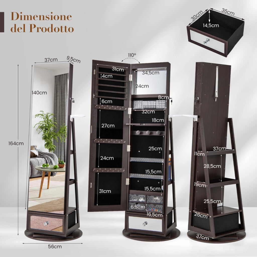 Armadietto portagioie girevole a 360¡ã con specchio lungo, Armadietto portagioie con luci LED e specchietto Marrone Scuro-Armadietti per gioielli