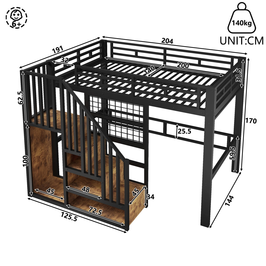 Letto a Soppalco 140x200 cm in MDF e Metallo con Guardaroba; Scala Contenitore; LED; Scaffali; Nero