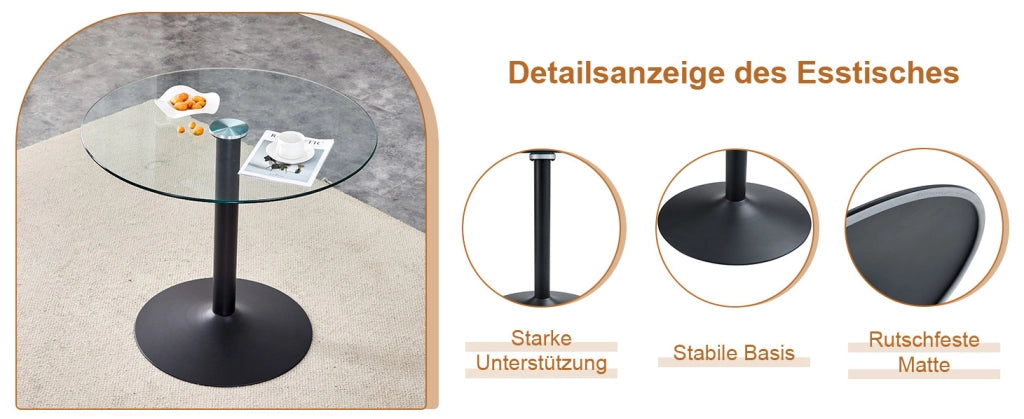 Set da pranzo moderno con tavolo rotondo in vetro Ø 85 cm e 4 sedie in similpelle marrone retrò