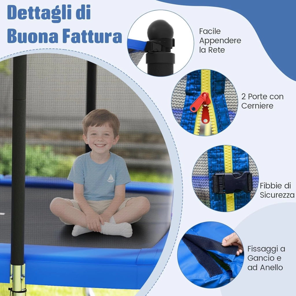 Trampolino da Esterno per Bambini e Adulti 317 x 255 cm, Tappeto Elastico Rettangolare con Canestro da Basket, Porta da Calcio, Scala Antiscivolo, Rete e Telaio in Acciaio