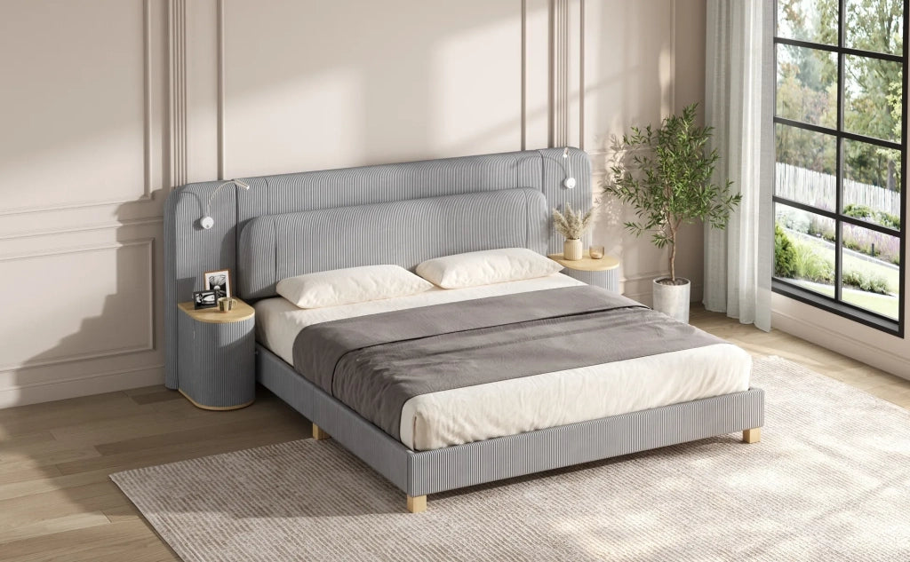 Letto 180x200 cm in velluto a coste grigio con comodino e lampada da notte