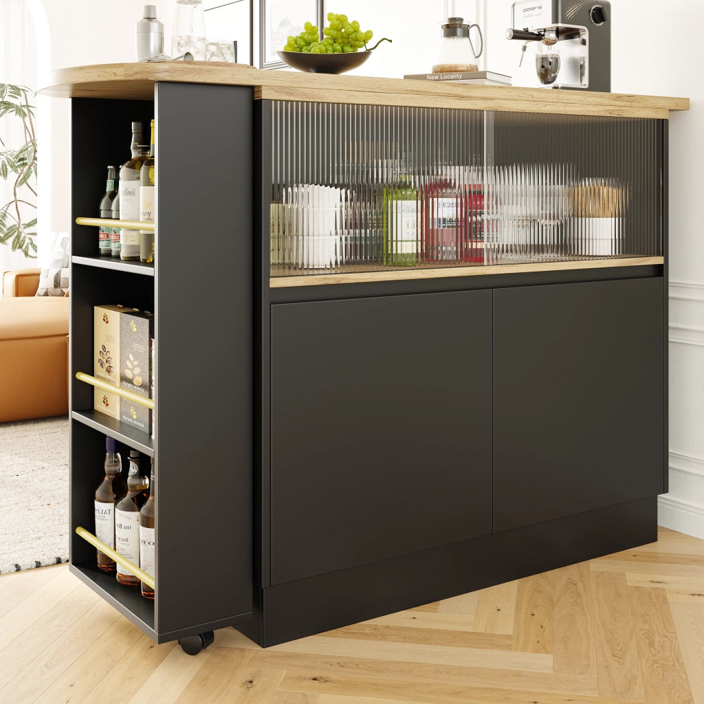 Mobile bar girevole a 360 gradi con porta scorrevole in vetro ripiani cassetti e vani chiusi in MDF nero