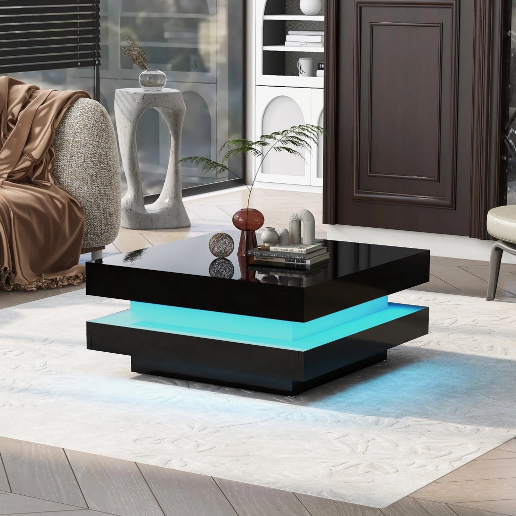 Desviae Tavolino basso quadrato con LED controllati tramite app Bluetooth in pannello truciolare nero 70 × 70 × 36 cm