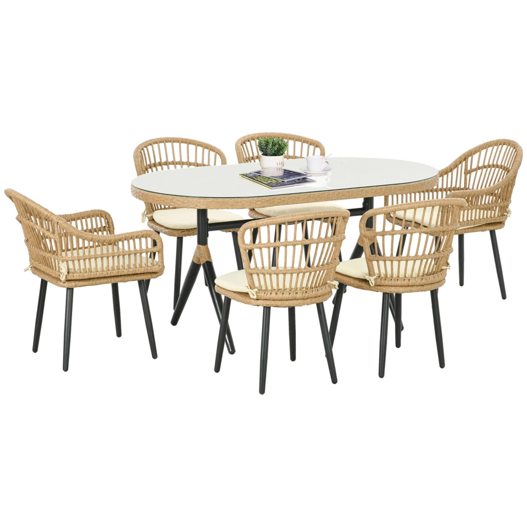 Set da Giardino 7 Pezzi in Rattan PE con Tavolo da Pranzo 153x89x74 cm e 6 Sedie 52x62x78 cm con Cuscini