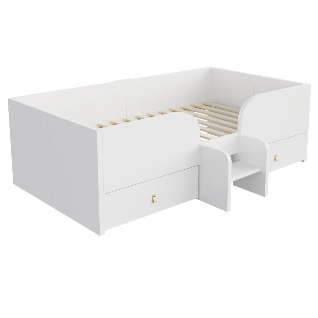 Letto con cassetti 90 × 200 cm con due grandi cassetti; sponde alte e scaletta; in MDF e compensato bianco