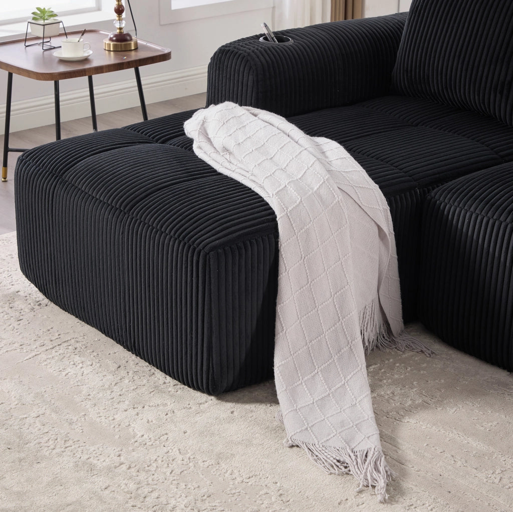 Divano modulare 253x158x61 cm in velluto a coste nero con portabicchieri