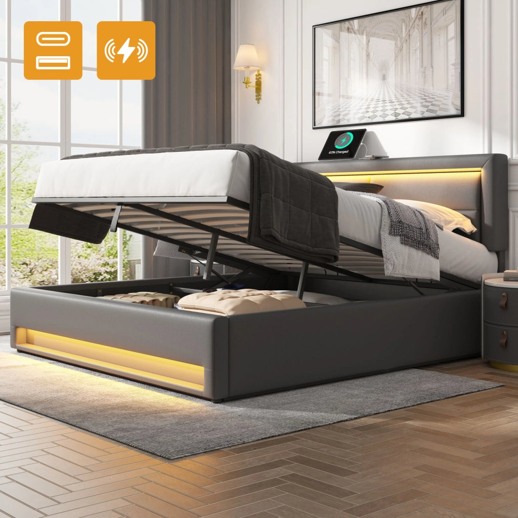 Letto imbottito 140 × 190 cm con ricarica USB e wireless LED telecomandato vano contenitore in PU grigio