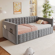 Letto singolo imbottito 90 ¡Á 190 cm con testiera tasche laterali due cassetti rete a doghe velluto grigio