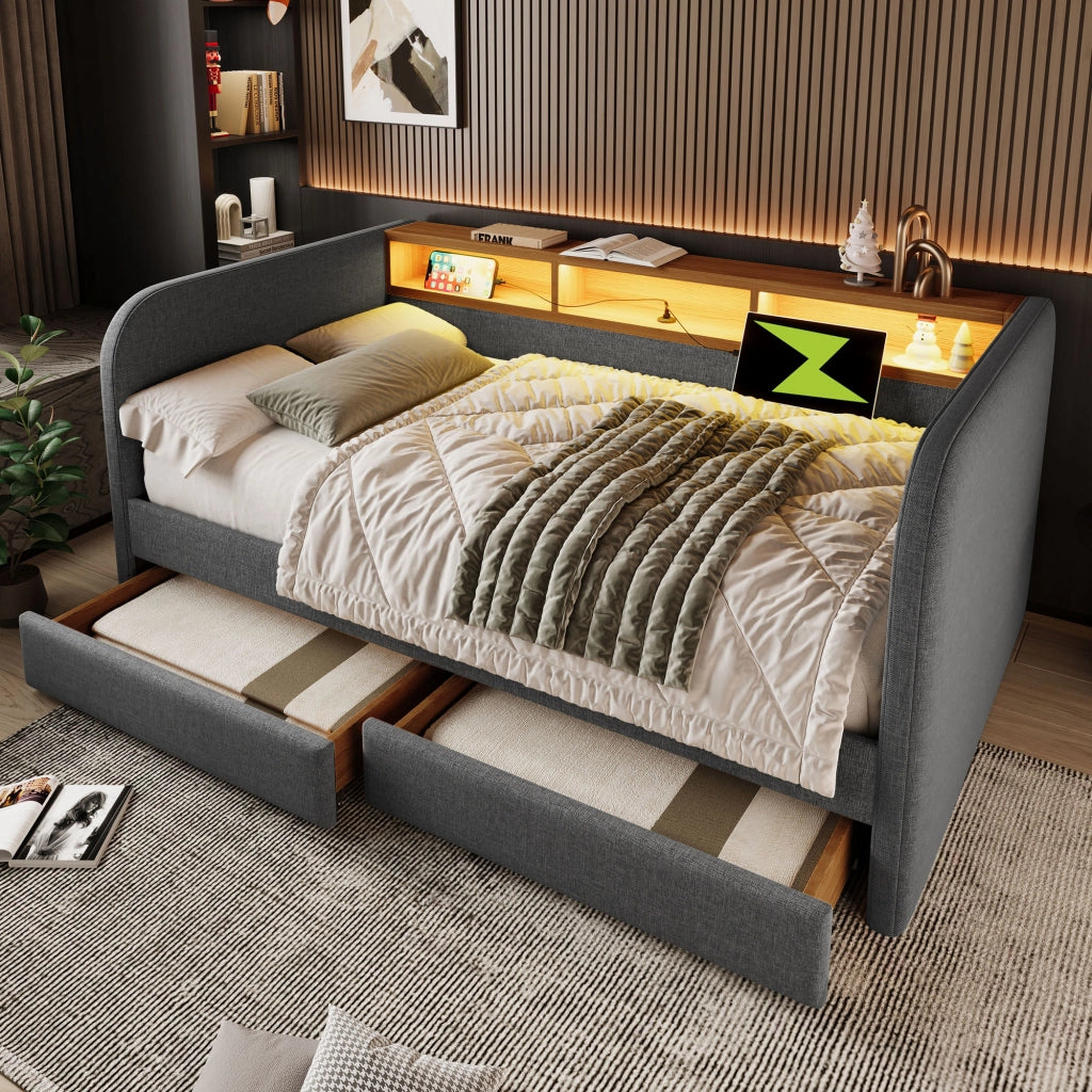 Letto imbottito 140x190 cm grigio con luci LED
