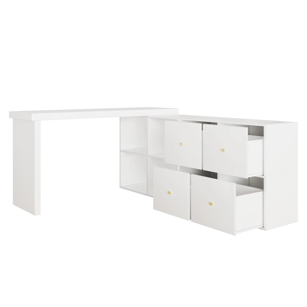 Scrivania angolare girevole sicura con 4 cassetti e 4 vani, piano a 360° per studio e home office, MDF bianco