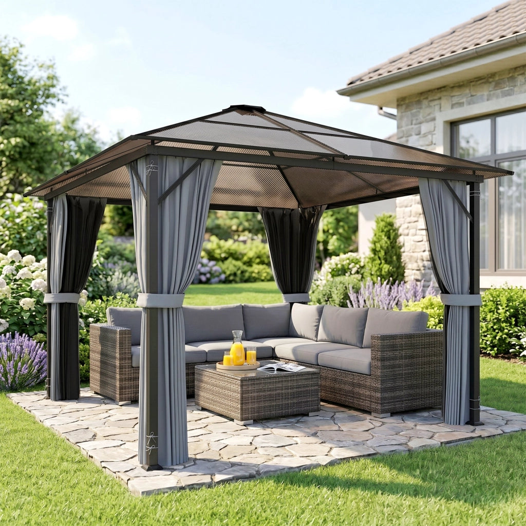 Gazebo da giardino 3 x 3 m con tetto in policarbonato, struttura in alluminio grigio scuro e tende con zanzariera, resistente e pratico