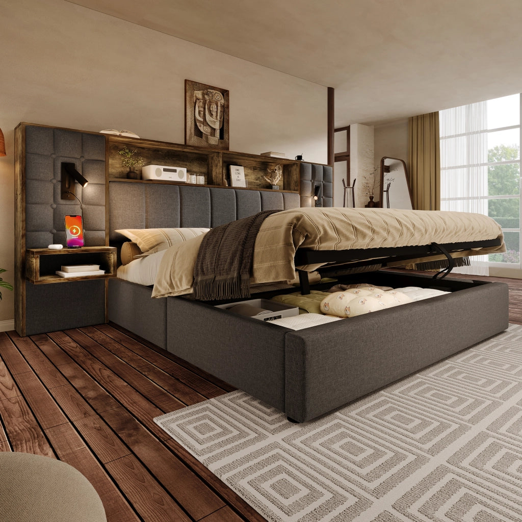 Letto imbottito 180x200 con contenitore ad apertura idraulica; comodini integrati e rivestimento in lino grigio