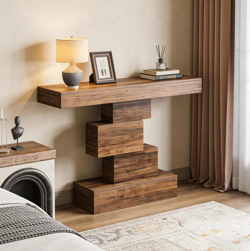 Tavolo consolle moderno con base geometrica in legno 108x30x80 cm, colore marrone rustico