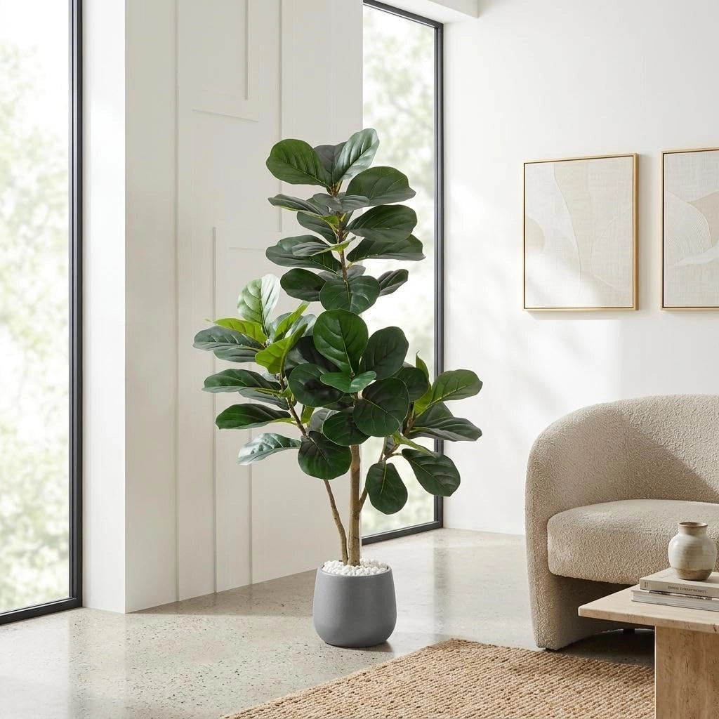 Ficus Lyrata Artificiale 120 cm con Foglie Nervate Vaso Nero e Ciottoli Bianchi