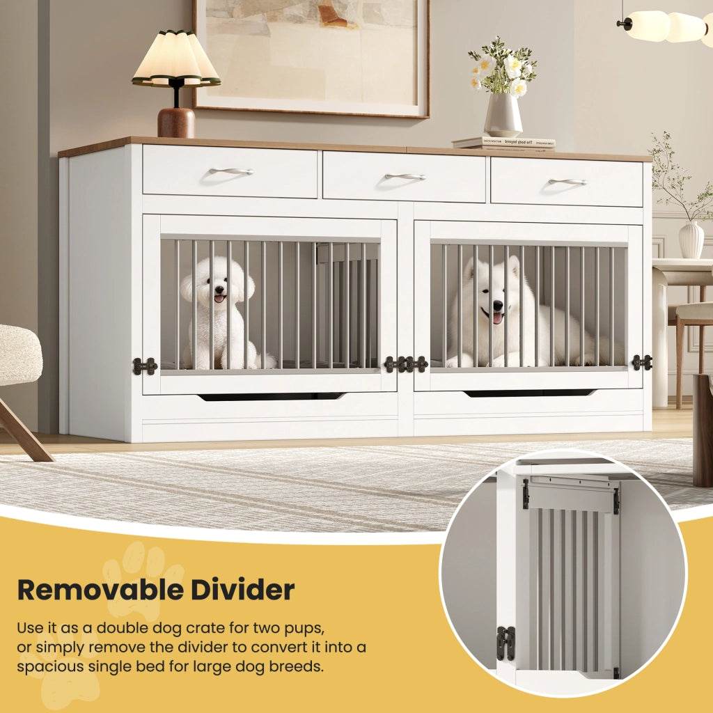 Gabbia per cani con divisorio removibile e porta superiore a ribalta in MDF e metallo bianco naturale 164 × 60 × 81 cm