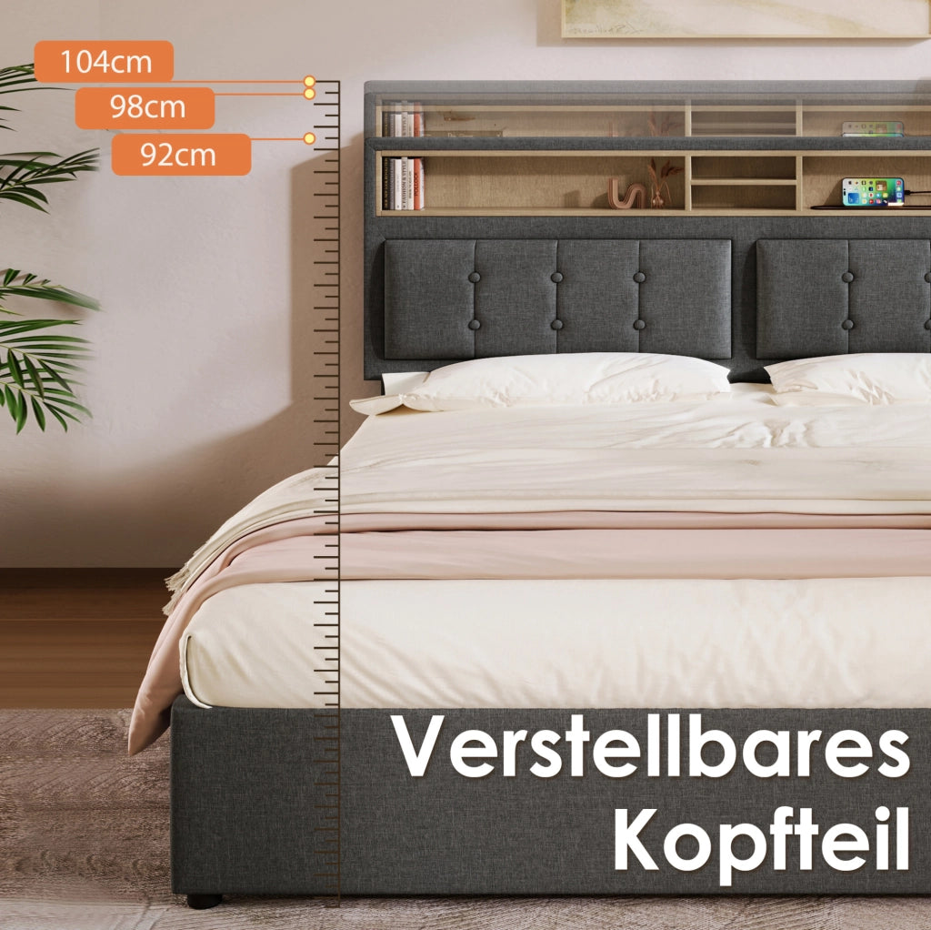 Letto imbottito 160 x 200 cm grigio con contenitore, prese e USB-C