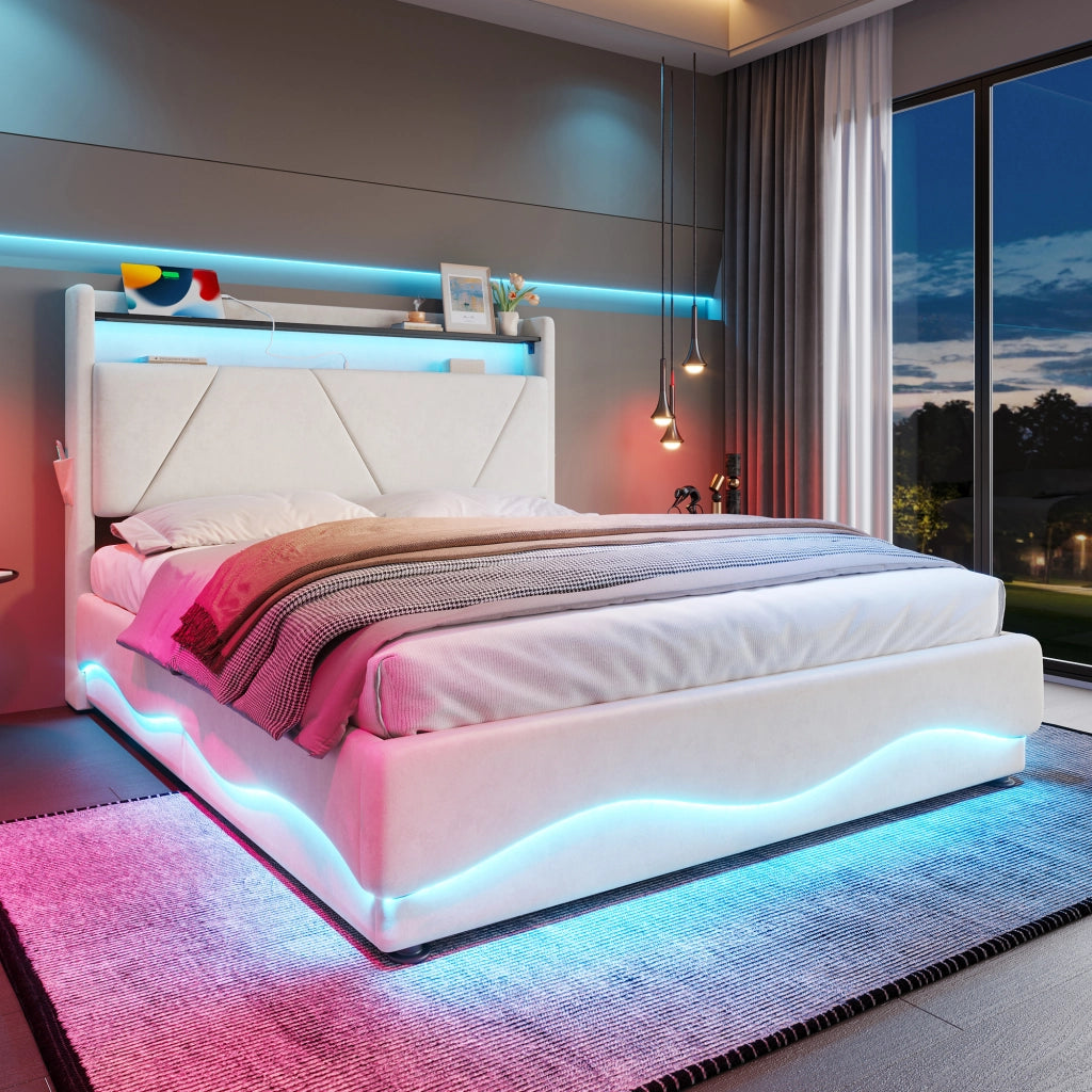 Letto matrimoniale imbottito 140 × 200 cm con contenitore velluto beige LED USB e Type-C testiera con ripiani