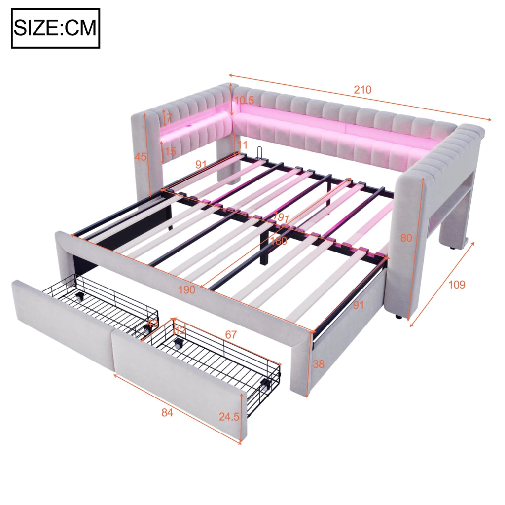 Letto divano estraibile 90 × 190 cm e 180 × 190 cm con 2 cassetti; LED regolabile e USB; senza materasso; grigio chiaro