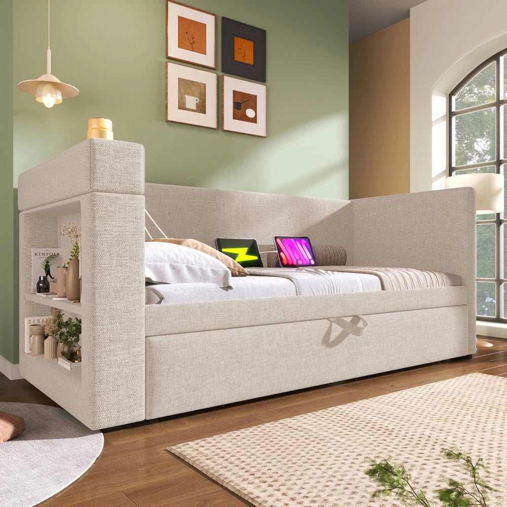 Letto Singolo Imbottito con Letto Estraibile ¨C MINIMAL ¨C Tessuto Beige 90x190