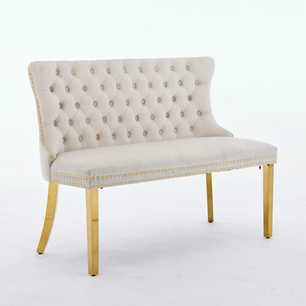 Panca da pranzo imbottita in velluto a coste beige, 2 posti, schienale alto, bottoni artigianali, gambe acciaio dorato, stile moderno, confezione singola