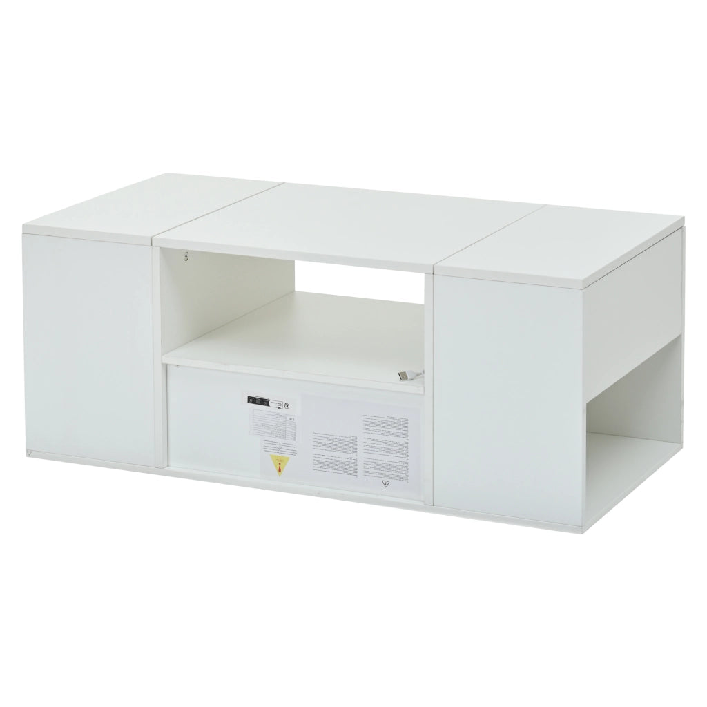 Tavolino da salotto LED con 1 cassetto, 2 ante e 6 vani, finitura bianca lucida per soggiorno, 100 × 50 × 40 cm
