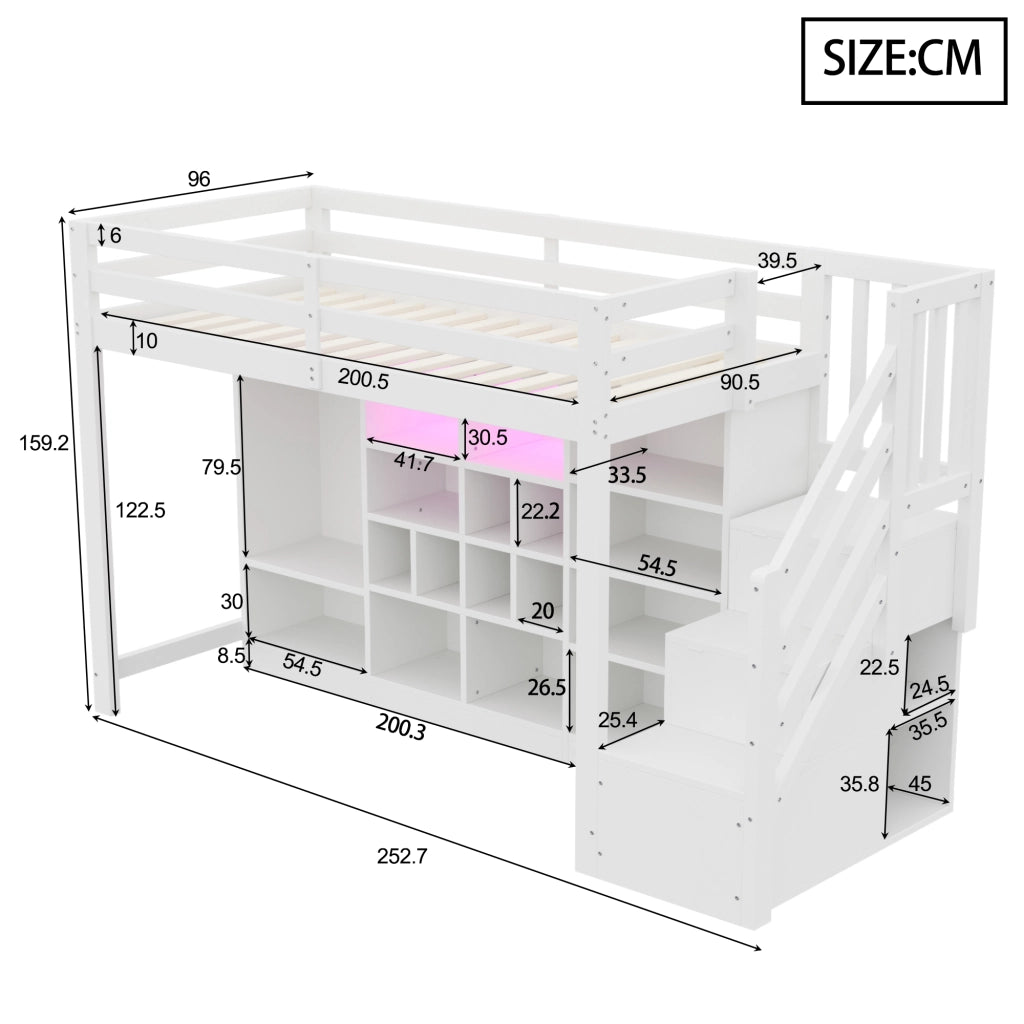Letto a soppalco 90 × 200 cm con armadio ripiani scala contenitore LED in legno bianco con rete a doghe