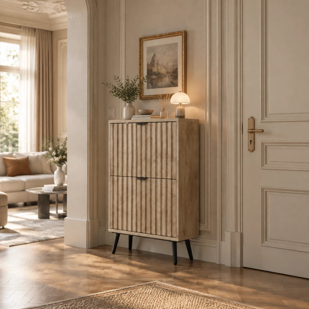 Scarpiera con 2 vani a ribalta in MDF e truciolare colore rovere