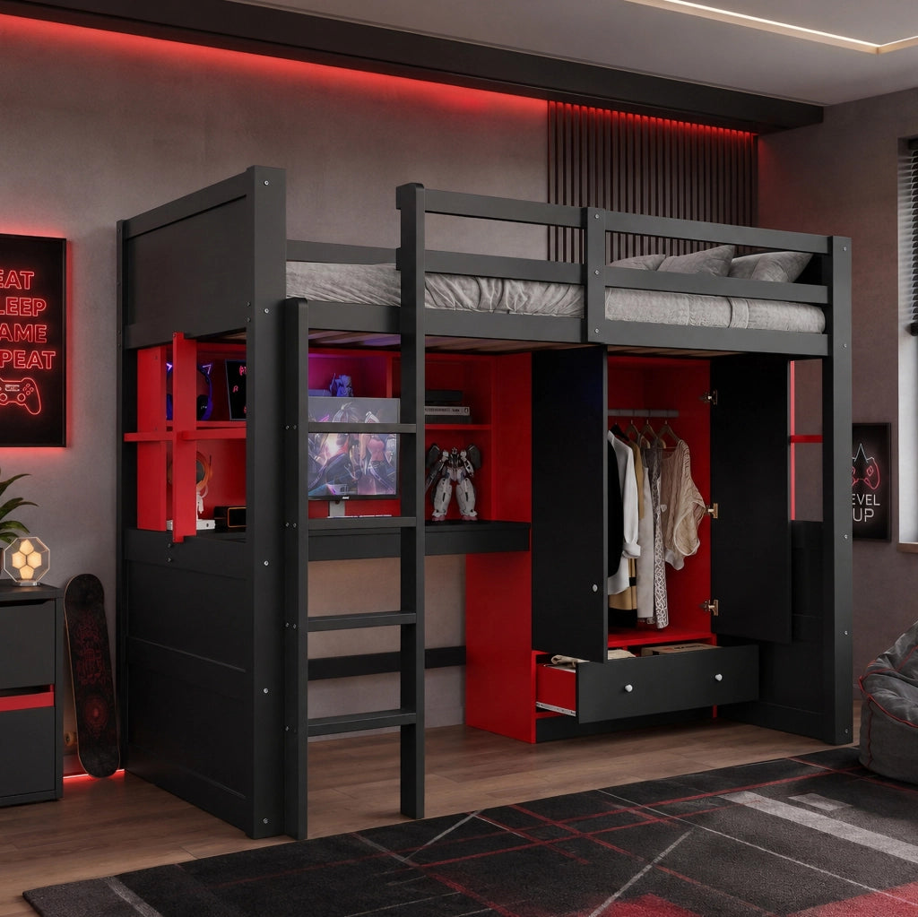 Letto a soppalco 90x200 cm stile gaming con scrivania e armadio nero e rosso HOMVRA
