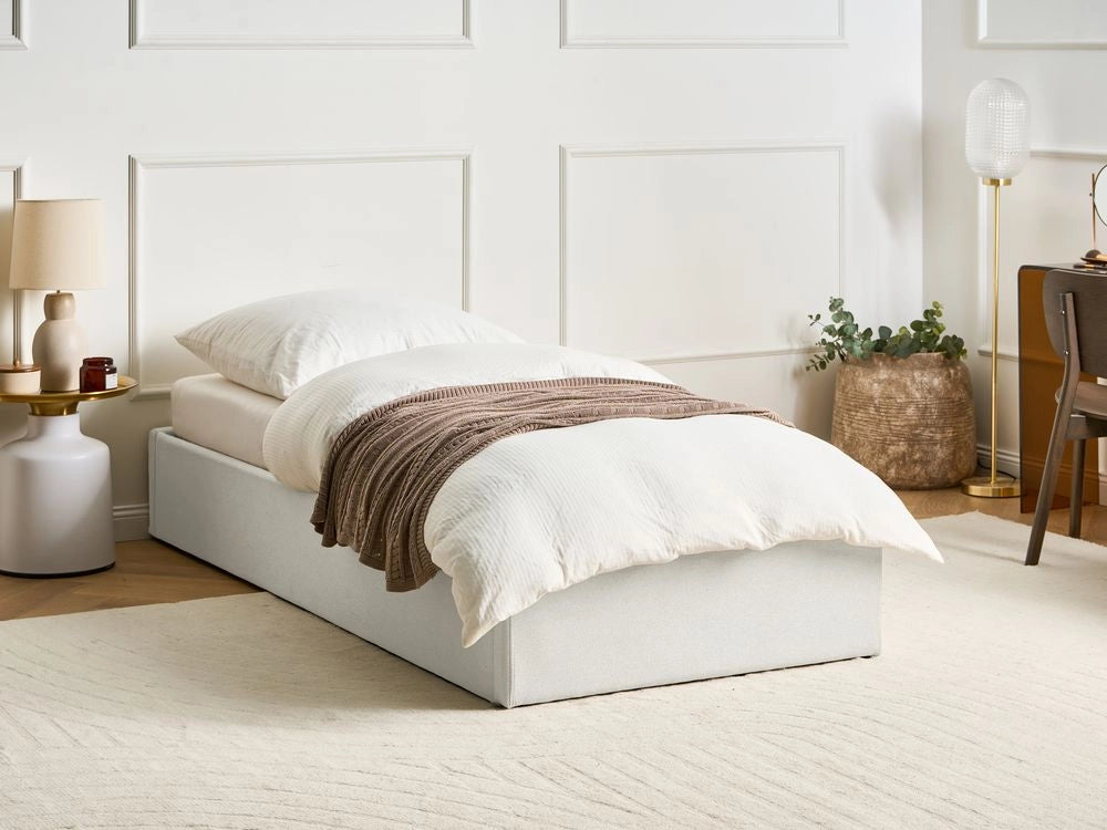 Letto singolo con contenitore in tessuto beige chiaro 90 x 200 cm portaoggetti stile moderno
