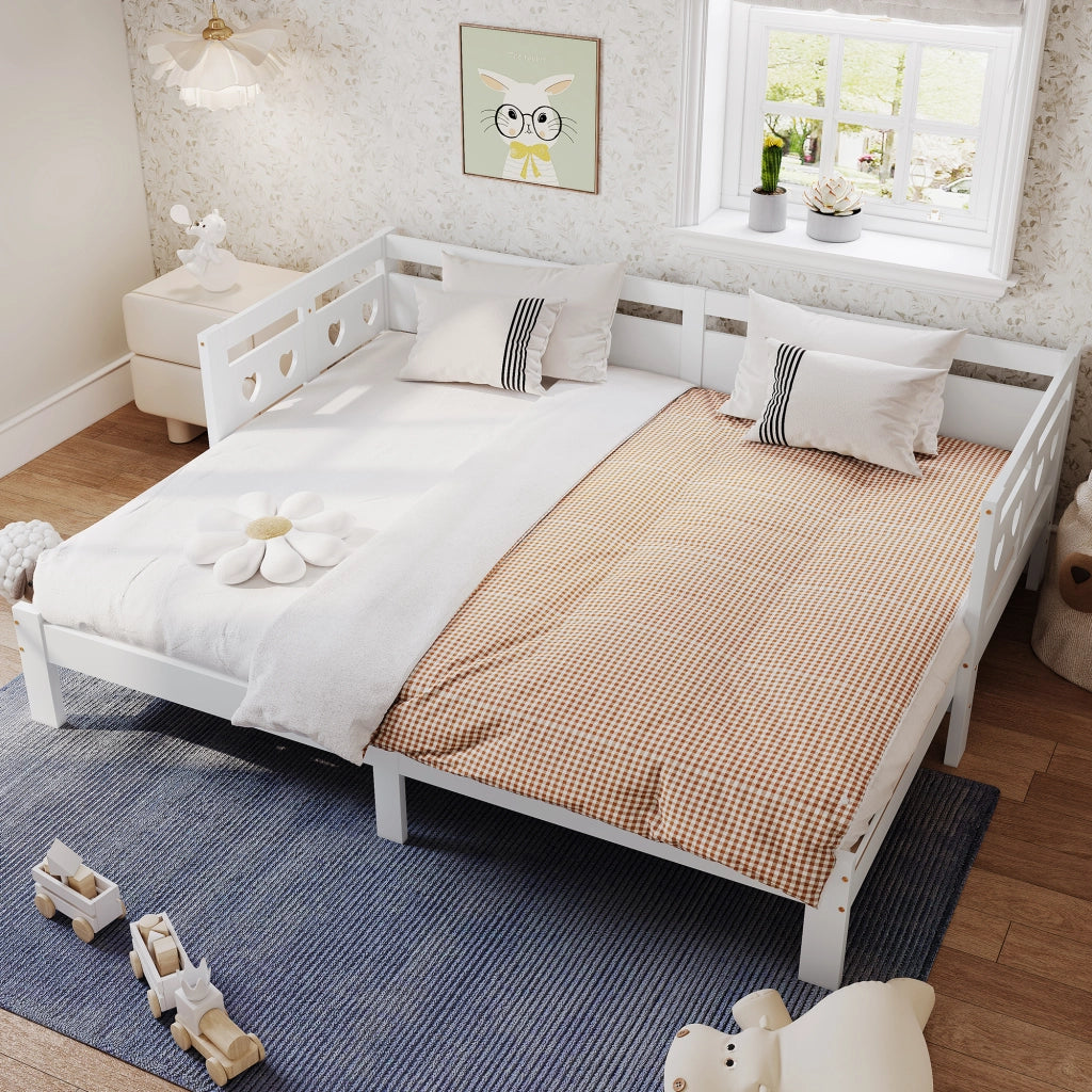 Divano letto estensibile 90 × 200 cm con seconda superficie letto in legno bianco a forma di cuore