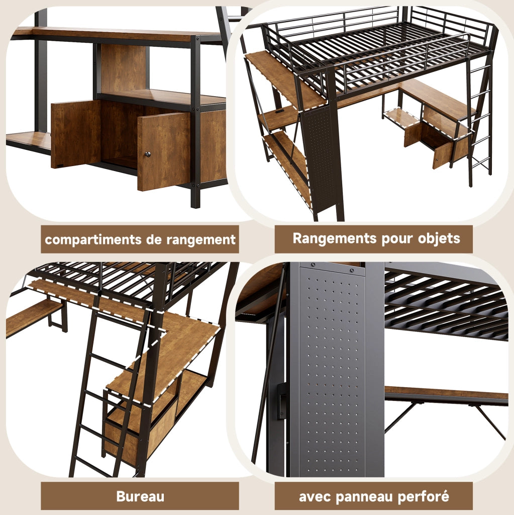 Letto a soppalco 140x200 cm con scrivania; LED e USB in metallo e MDF nero
