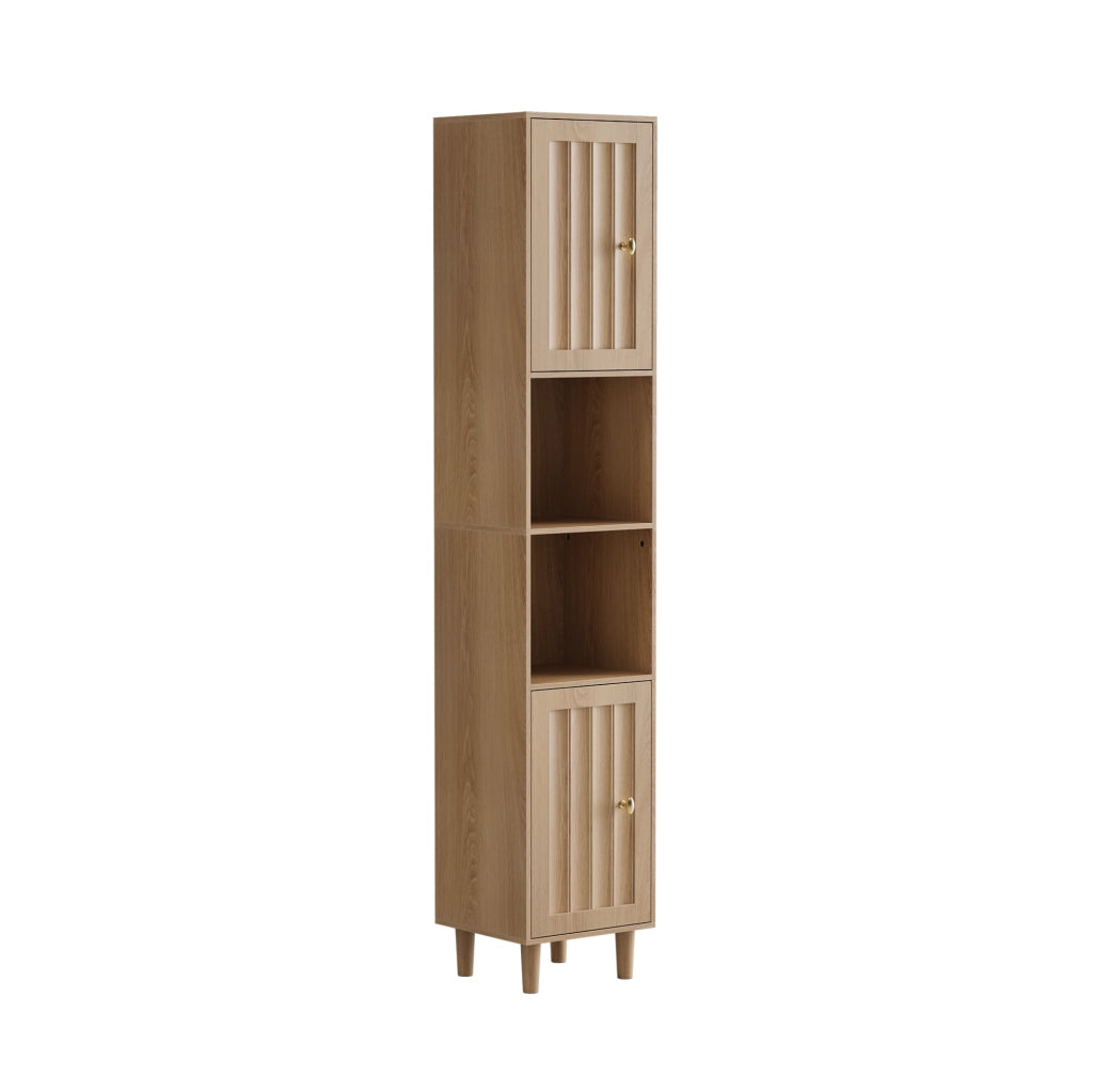 Mobile da Bagno Stile Mid-Century, Armadietto Alto in MDF con Ante e Ripiani Aperti, Legno di Pino, 32x30x169 cm, Finitura Quercia