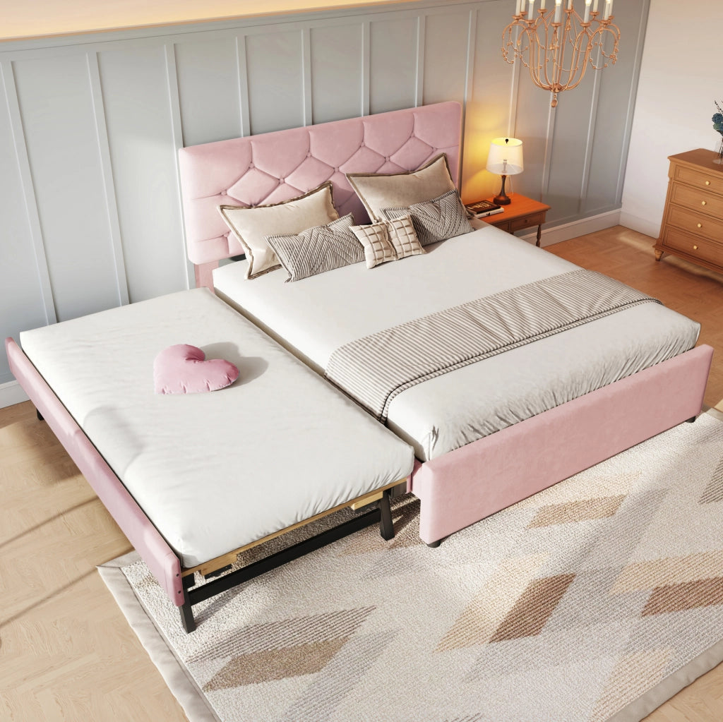 LETTO 140x200 cm in velluto rosa con letto estraibile