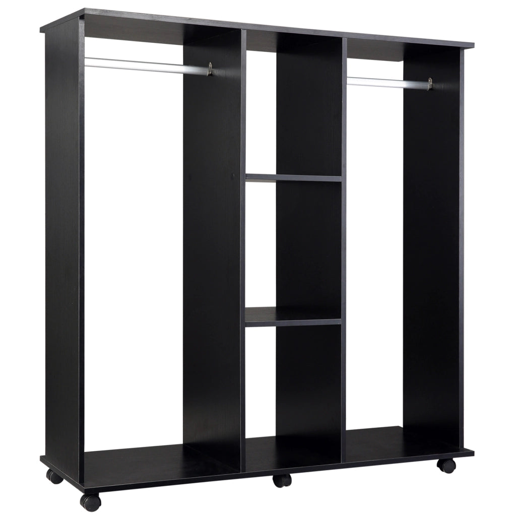 EasyComfort Armadio con 2 Guardaroba, 5 Ripiani e 6 Ruote, in Legno e Alluminio, 120x40x128 cm, Nero