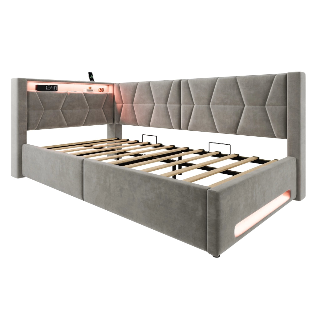 Letto singolo con contenitore 90 × 200 cm imbottito in velluto con LED USB Type-C e rete a doghe inclusa