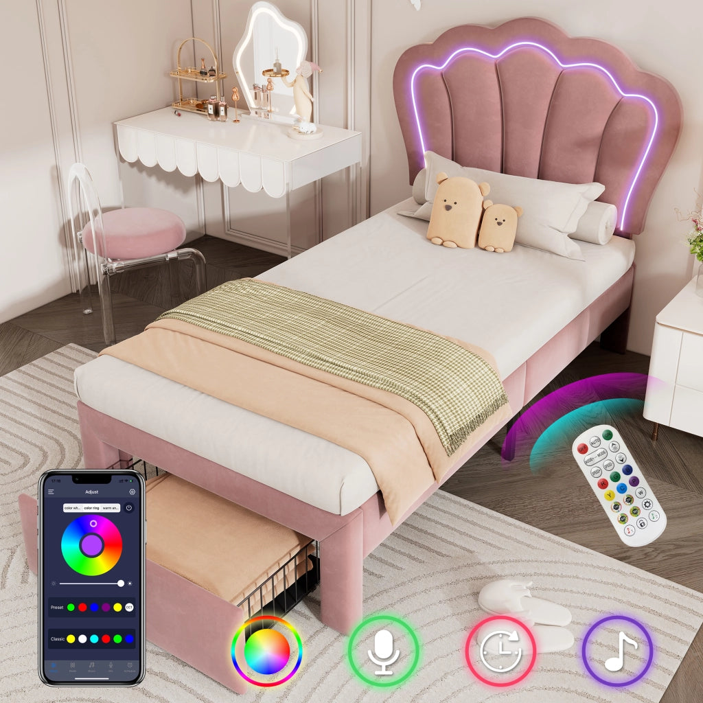 Letto imbottito singolo 90 x 200 cm con LED, controllo app, cassetti e testiera regolabile, rete a doghe, velluto - Rosa